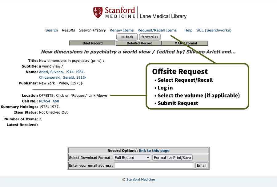A screenshot of Lane Library catalog showing how to request offsite books: select request/recall, login, select the volume (if applicable), submit request