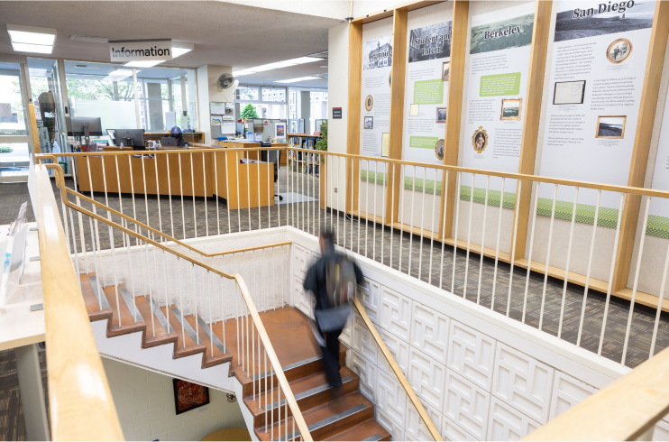 Staircase in Lane Library with a blurred person walking up the stairs towards the information desk